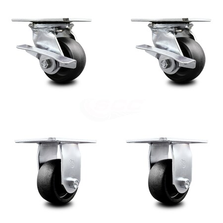 Service Caster 4 Inch Glass Filled Nylon Caster Set with Roller Bearing 2 Brakes and 2 Rigid SCC-35S420-GFNR-SLB-2-R-2